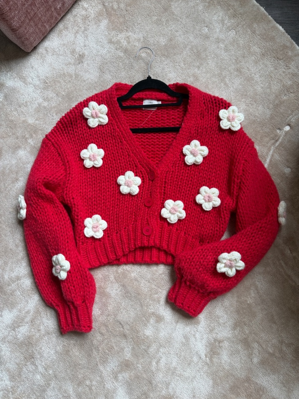 Red Floral Cropped Button-Front Cardigan Sweater